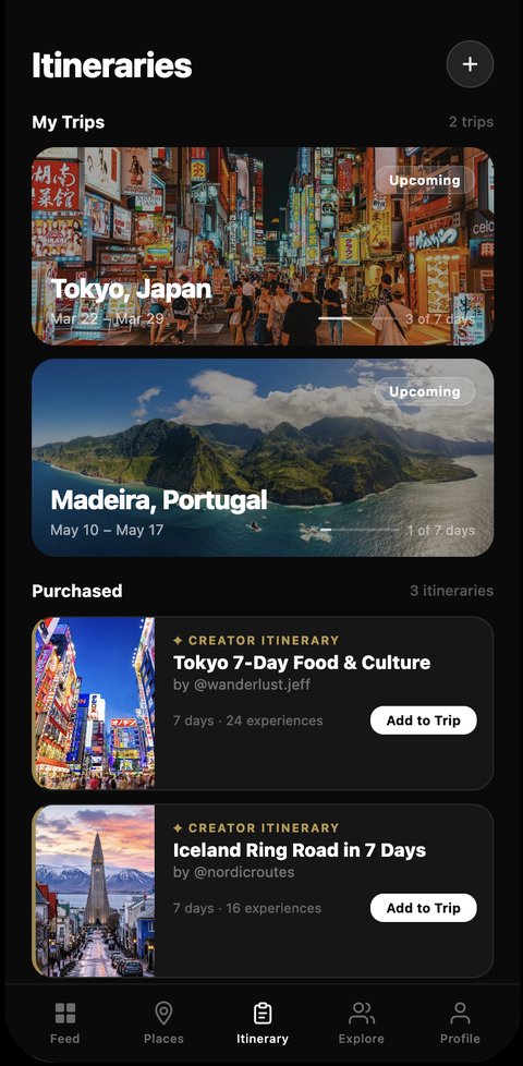 Itineraries hub with upcoming trips and purchased itineraries